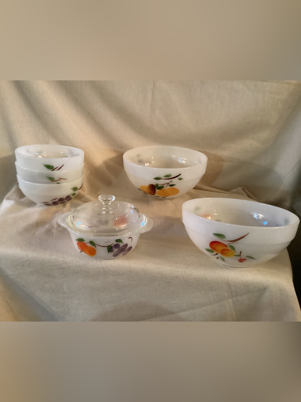 Fire King “Gay Fad” fruit Patterned, hand painted Mixing bowls/casserole 7pieces